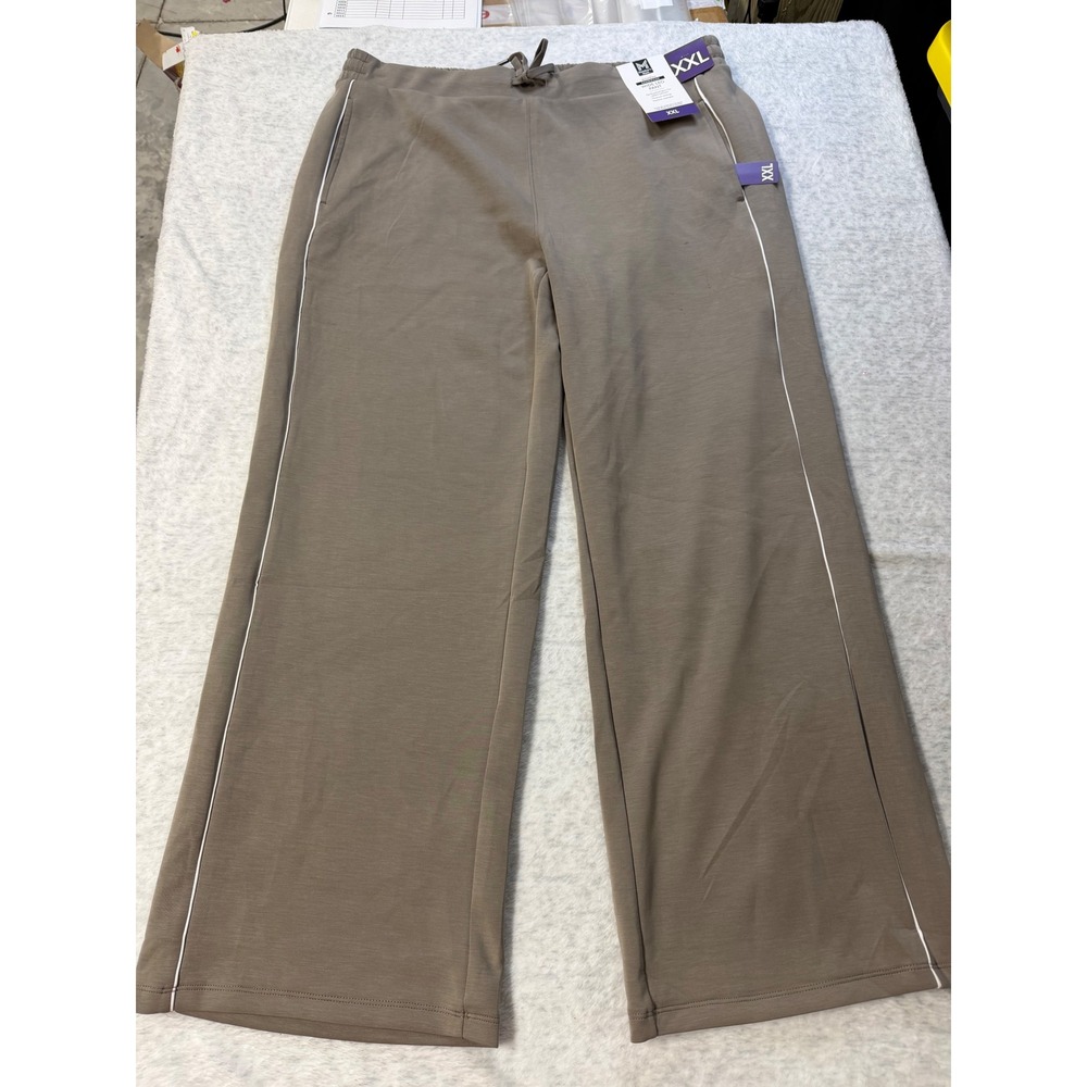 Members Mark Sandwash Wide Leg Pants XXL Taupe Brown Piping Moisture Wicking NWT